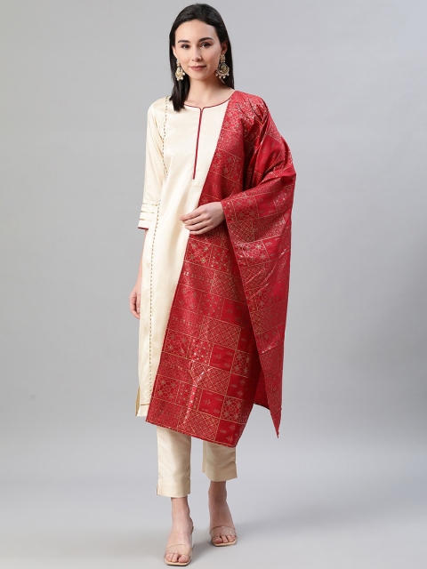 

ZIYAA Women Cream-Coloured & Red Solid Kurta with Trousers & Dupatta