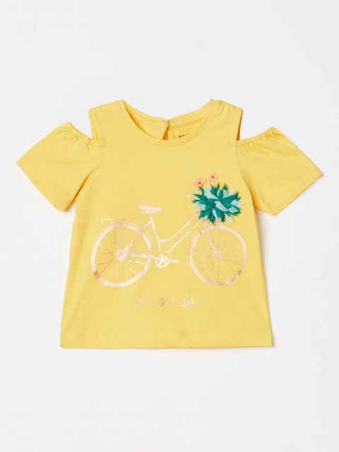 

Juniors by Lifestyle Yellow Floral Printed Cold-Shoulder Sleeves Pure Cotton Regular Top