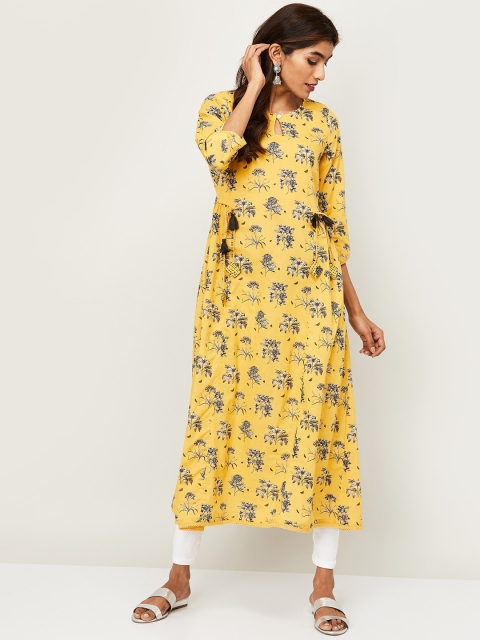 

Melange by Lifestyle Women Yellow Floral Printed Keyhole Neck Kurta