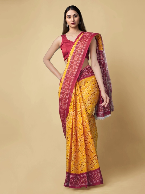 

Unnati Silks Yellow & Red Pure Cotton Printed Bandhani Handloom Saree