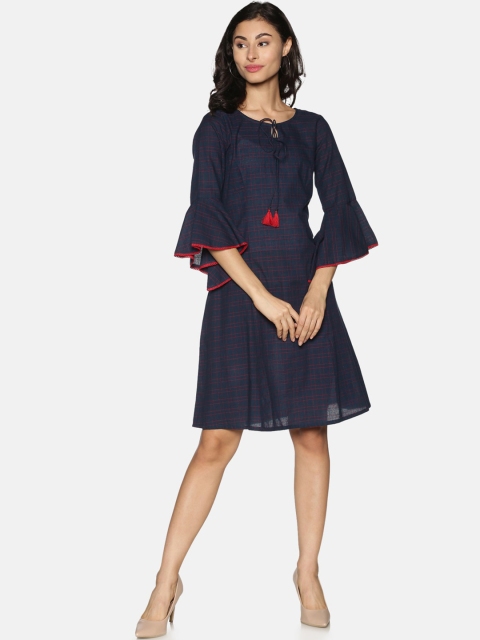 

Saffron Threads Women Navy Blue & Red Checked Pure Cotton Fit and Flare Dress