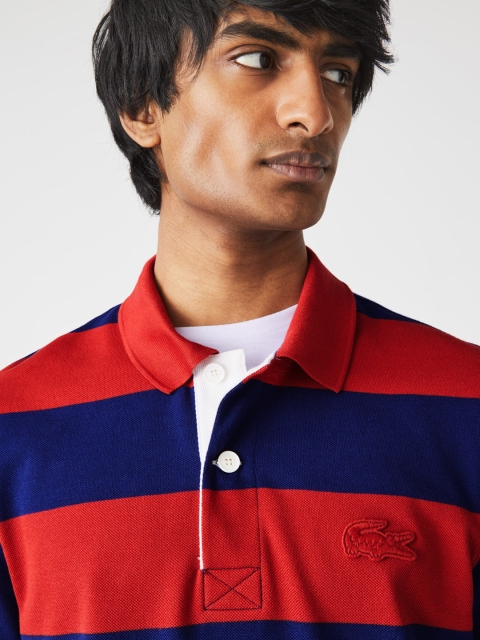 

Lacoste Men Red & Navy Blue Striped Polo Collar Cotton T-shirt