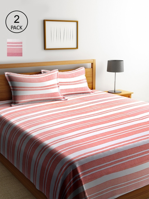 

KLOTTHE Set Of 2 Pink & White Striped Double King Bed Covers With 4 Pillow Covers