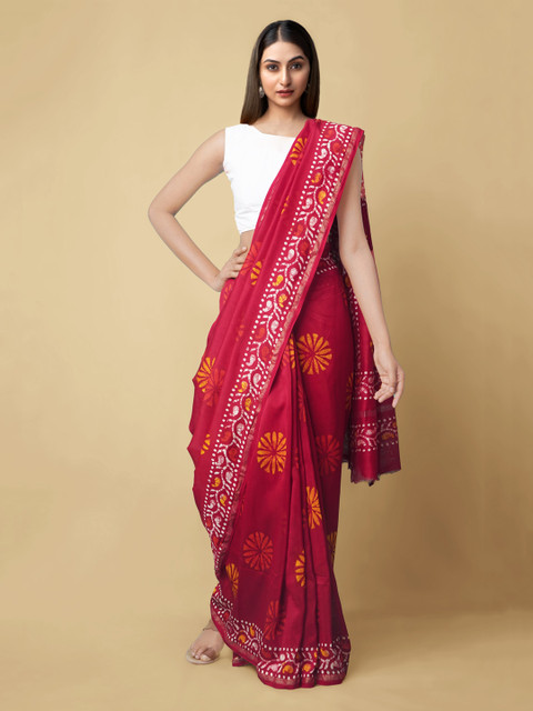 

Unnati Silks Red Silk Cotton Printed Chanderi Saree