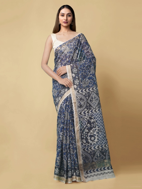 

Unnati Silks Blue Silk Cotton Printed Chanderi Saree