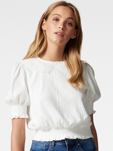 

Forever New White Puff Sleeves Lace Blouson Top