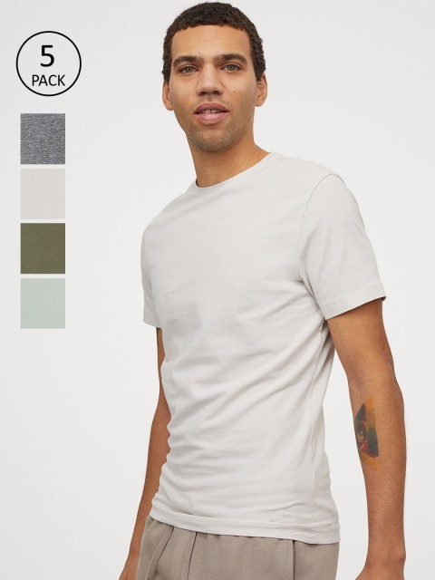 

H&M Men 5 Pack Multucoloured Solid Slim Fit T-shirts, Multi