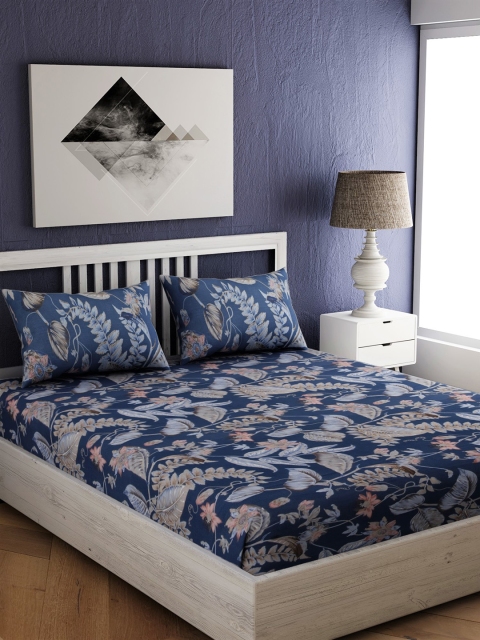 

EverHOME Navy Blue & Grey Floral 144 TC Cotton 1 King Bedsheet with 2 Pillow Covers