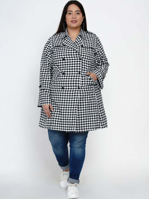 

Fabnest Curve Women Black & White Checked Handloom Trench Coat