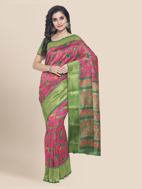 

KLM Fashion Mall Pink & Green Linen Blend Printed Banarasi Saree