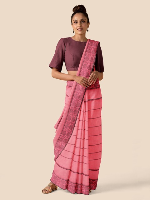

Taneira Pink Pure Cotton Striped Taant Saree