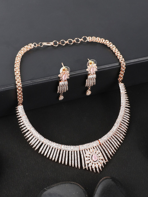 

ANIKAS CREATION Rose Gold-Plated American Diamond Stone Studded Choker Necklace Set