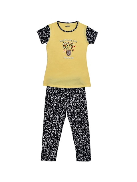 ORANGE PUMPKKIN Girls Yellow & Navy Blue Printed T-shirt with Pyjamas
