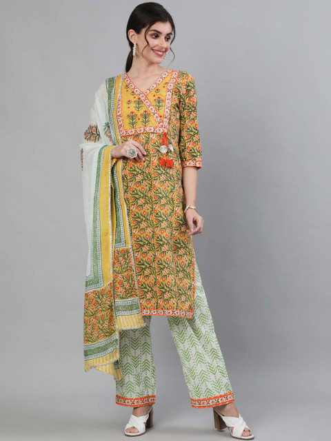 

Ishin Women Mustard & Green Printed Kurta with Palazzos & Dupatta