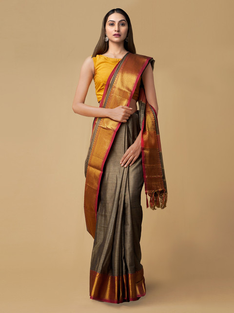 

Unnati Silks Grey Pure Cotton Solid Block Print Saree