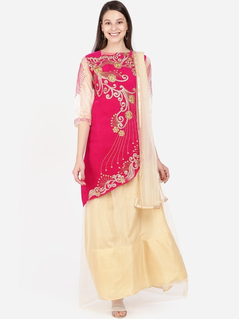 

SAADHVI Pink & Cream-Coloured Embroidered Semi-Stitched Lehenga & Blouse with Dupatta