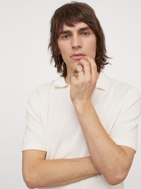 

H&M Men Off White Fine-knit Collared Top