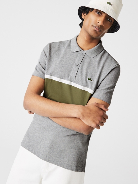

Lacoste Men Grey & Olive Green Colourblocked Polo Collar Cotton T-shirt