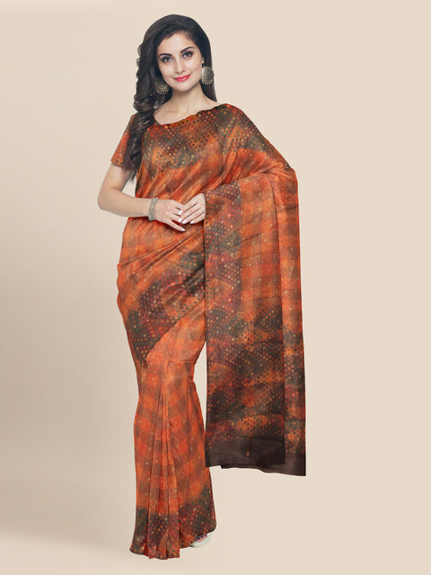 

KLM Fashion Mall Orange Silk Blend Printed Banarasi Saree