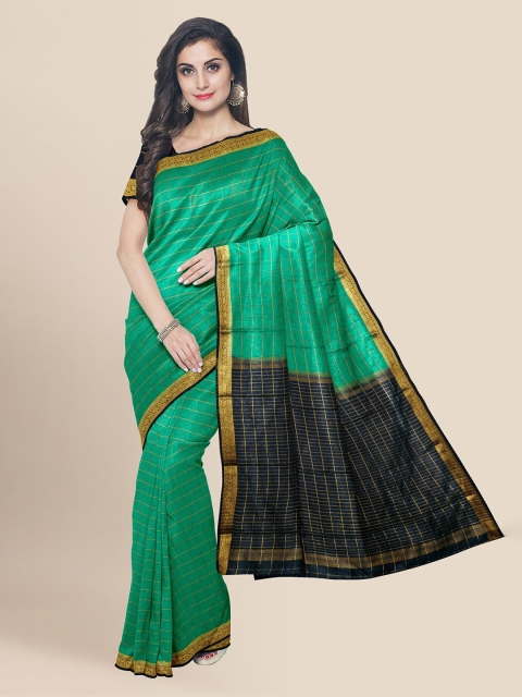 

KLM Fashion Mall Green Silk Blend Checked Banarasi Saree