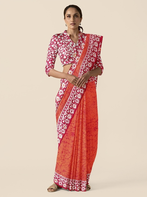 

Taneira Orange & White Pure Cotton Printed Block Print Saree