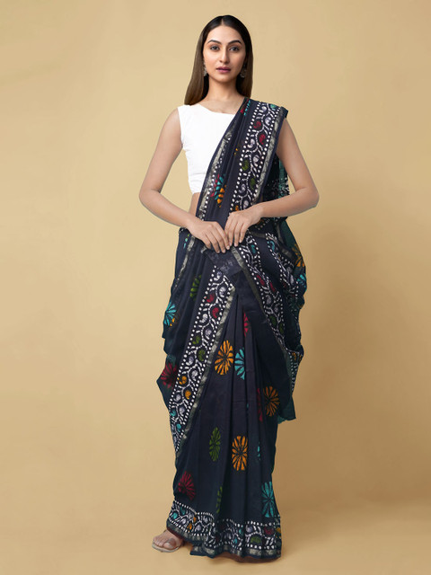 

Unnati Silks Black Silk Cotton Batik Printed Handloom Chanderi Saree
