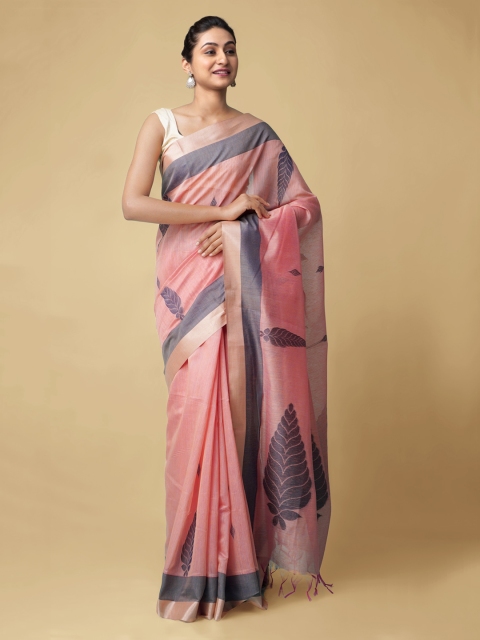

Unnati Silks Pink Silk Cotton Solid Kanjeevaram Saree