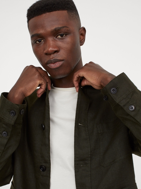 

H&M Men Green Solid Linen Shirt Jacket