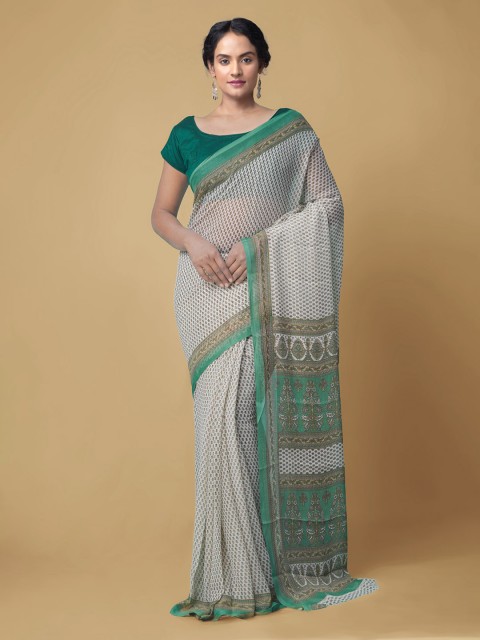 

Unnati Silks Cream-Coloured Pure Chiffon Printed Bhagalpuri Saree