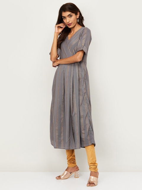 

Melange by Lifestyle Women Grey Striped Anarkali Kurta