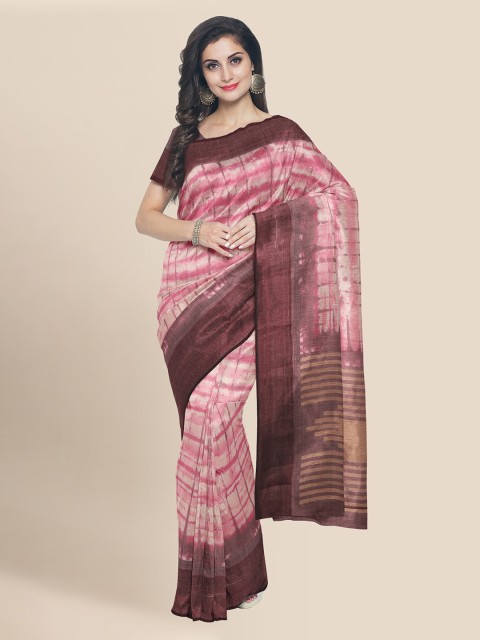 

KLM Fashion Mall Pink & Brown Linen Blend Checked Banarasi Saree