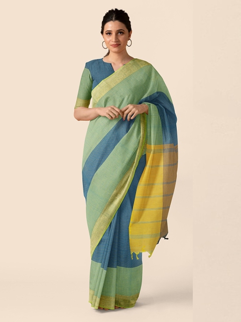 

Taneira Blue & Green Pure Cotton Striped Chettinad Saree