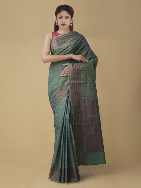 

Unnati Silks Green Pure Cotton Checked Mysore Silk Saree