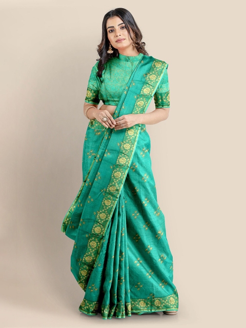 

KLM Fashion Mall Green Checked Silk Blend Saree