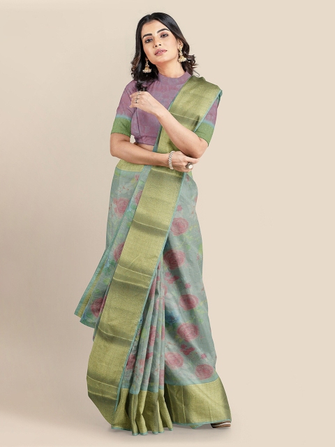 

KLM Fashion Mall Green & Pink Silk Blend Printed Banarasi Saree