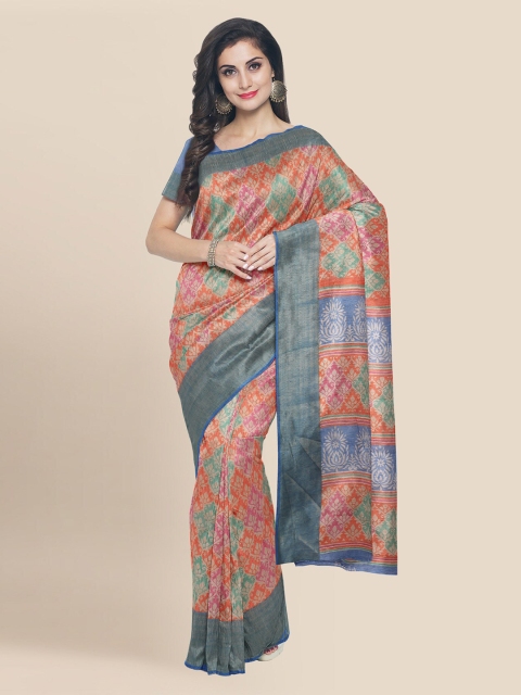 

KLM Fashion Mall Blue & Orange Linen Blend Printed Banarasi Saree