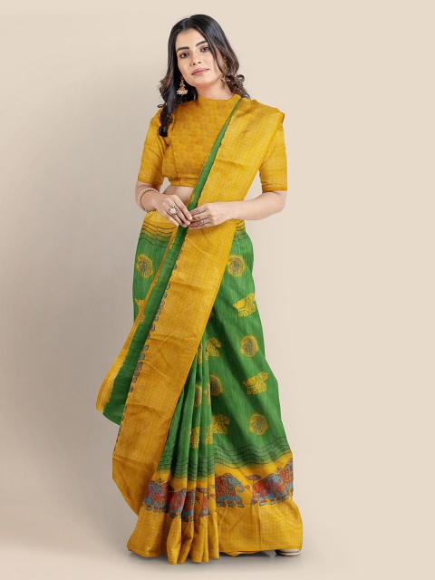 

KLM Fashion Mall Green & Yellow Linen Blend Printed Banarasi Saree