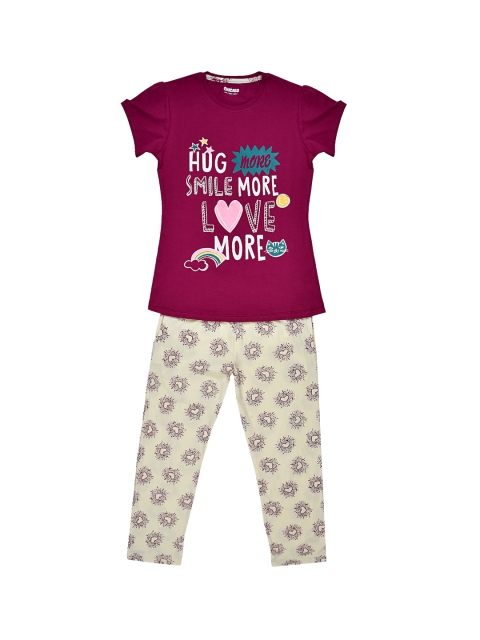 

ORANGE PUMPKKIN Girls Purple & Cream-Coloured Printed Top with Pyjamas