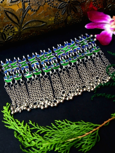 

Crunchy Fashion Silver-Toned & Blue Alloy Silver-Plated Oxidised Necklace