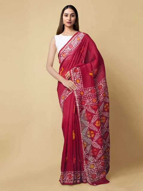 

Unnati Silks Red Silk Cotton Printed Chanderi Saree