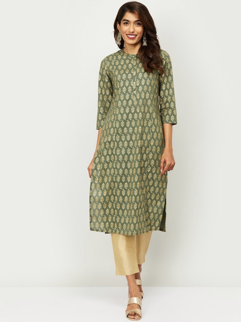 

Melange by Lifestyle Women Olive Green & Gold-Toned Printed Kurta with Trousers