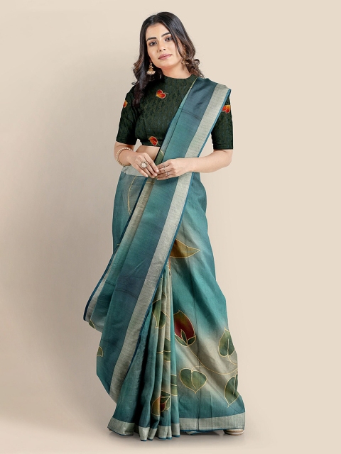 

KLM Fashion Mall Teal Silk Blend Printed Banarasi Saree