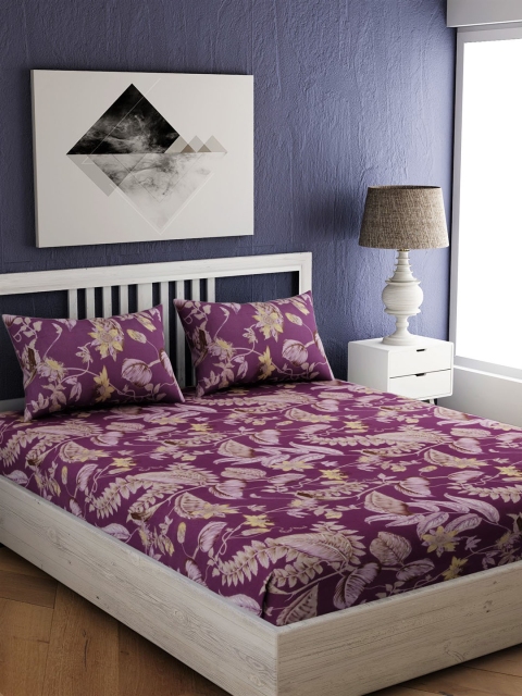 

EverHOME Purple & Beige Floral 144 TC Cotton 1 King Bedsheet with 2 Pillow Covers