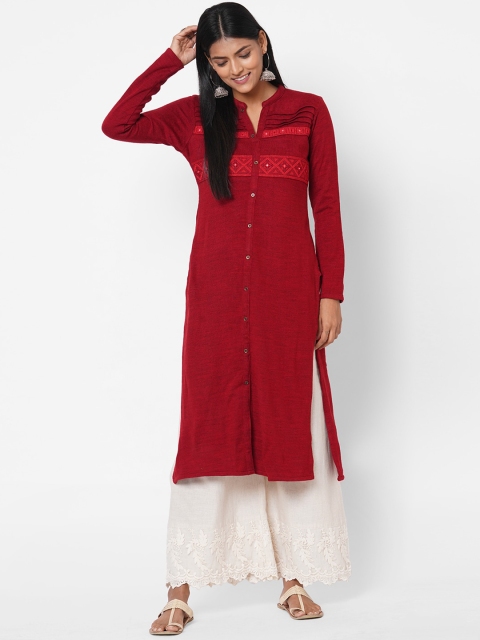 

FASHOR Women Maroon Yoke Design Thread Work Kurta