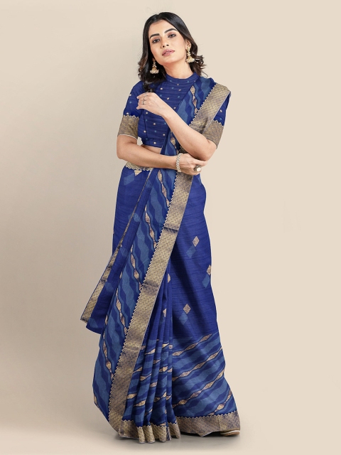 

KLM Fashion Mall Navy Blue & Gold-Toned Silk Blend Printed Saree