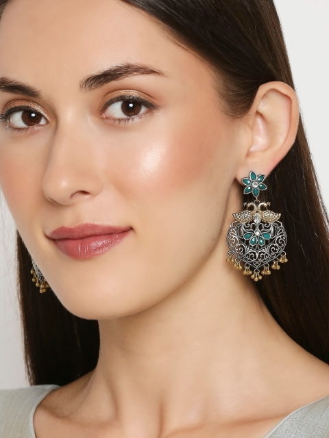 

OOMPH Oxidised German Silver & Gold-Toned Peacock Shaped Chandbalis