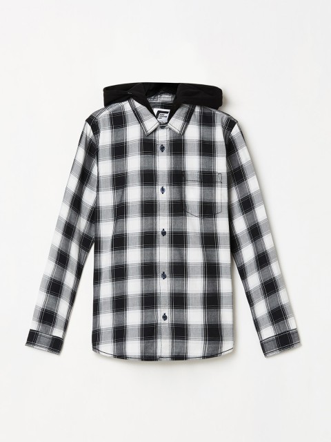 

Fame Forever by Lifestyle Boys Black & White Slim Fit Checked Hood Cotton Casual Shirt