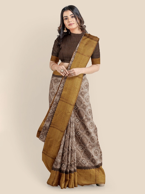 

KLM Fashion Mall Brown Linen Blend Printed Banarasi Saree