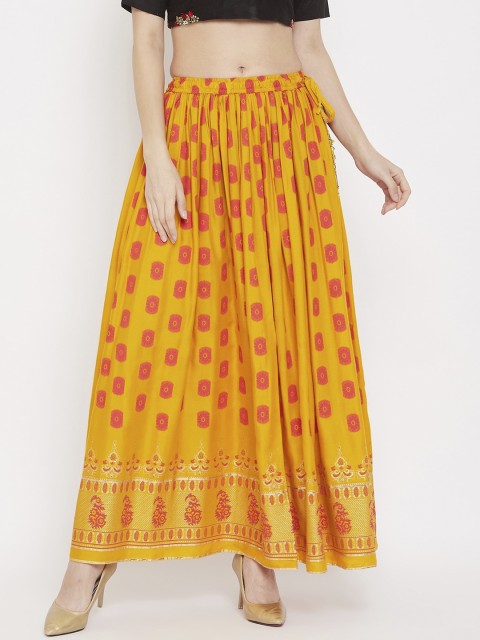 

Clora Creation Women Mustard Yellow & Orange Ethnic Printed Flared Maxi Skirt