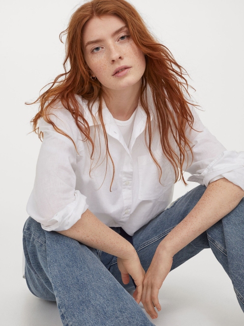 H&M Women White Linen-Blend Shirt